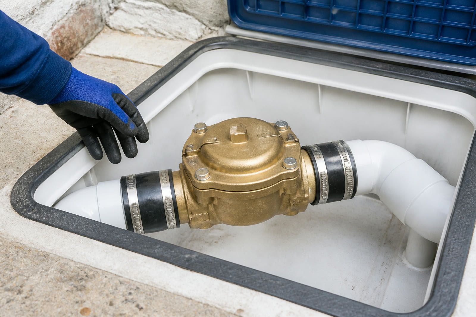 Clean backwater-valve assembly in a bright cellar access box