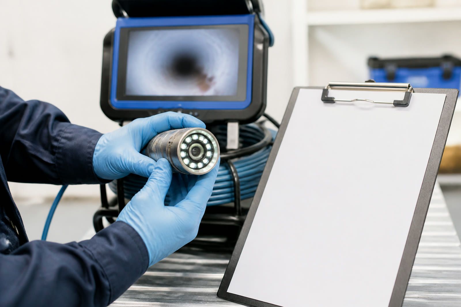 Gloved hands holding a sewer camera beside a blank clipboard