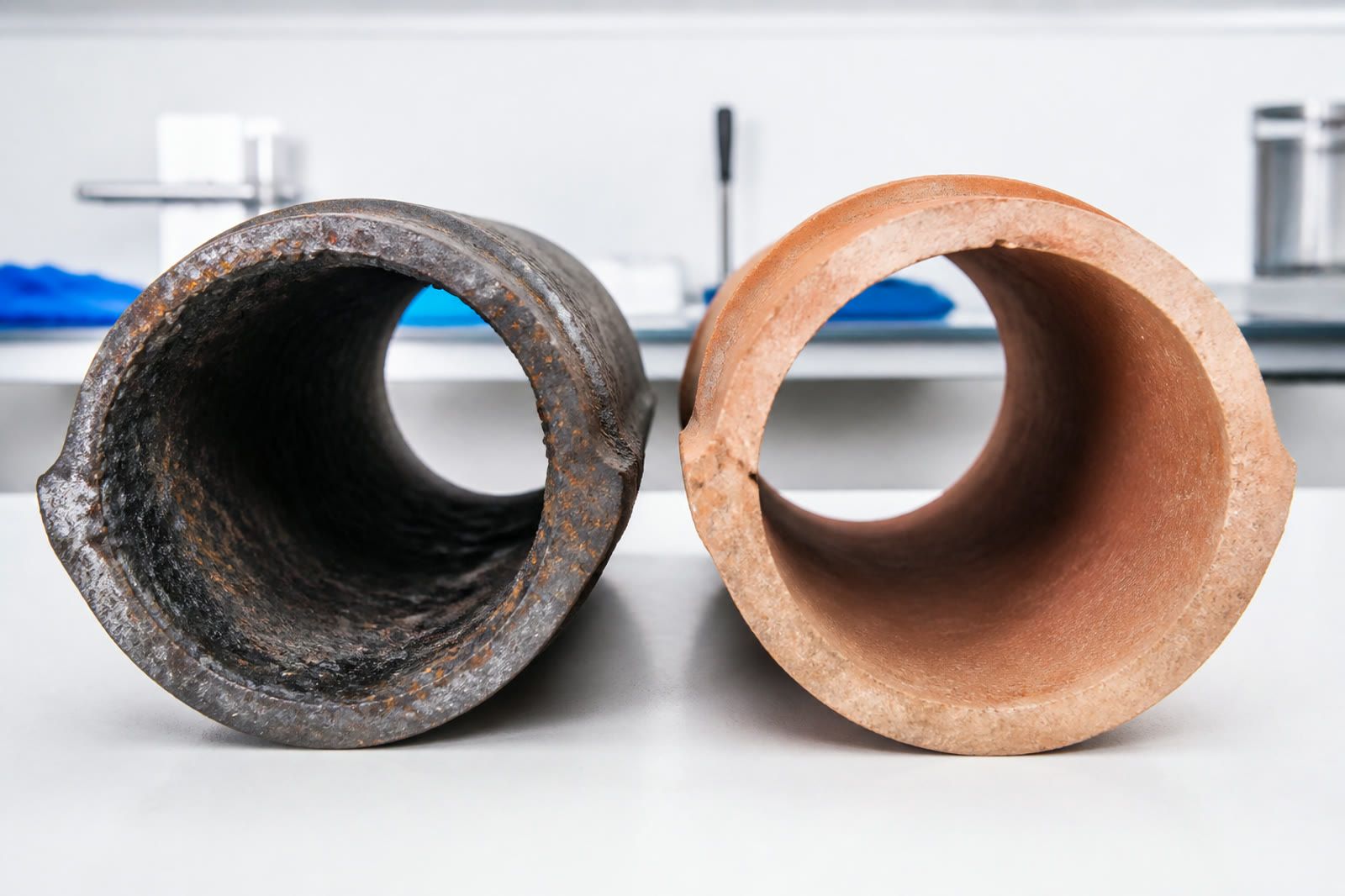 Cast-iron and clay pipe samples on a bright workbench