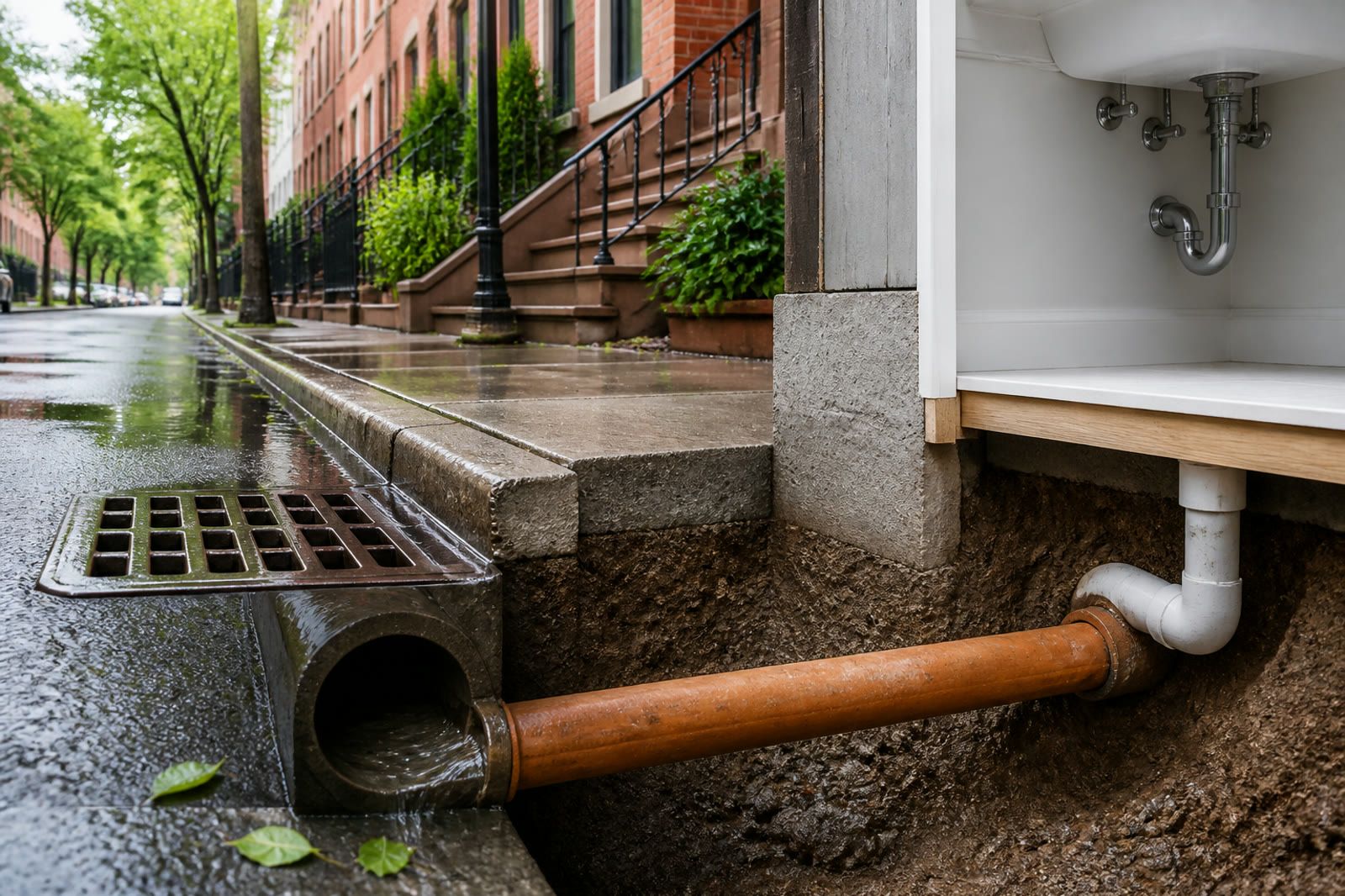 Rain-wet Brooklyn curb drain beside a rowhouse street