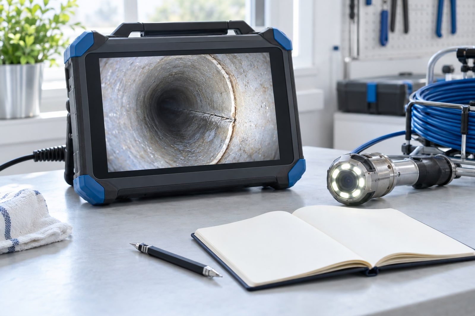 Portable monitor showing a sewer pipe joint beside a camera head and blank notebook