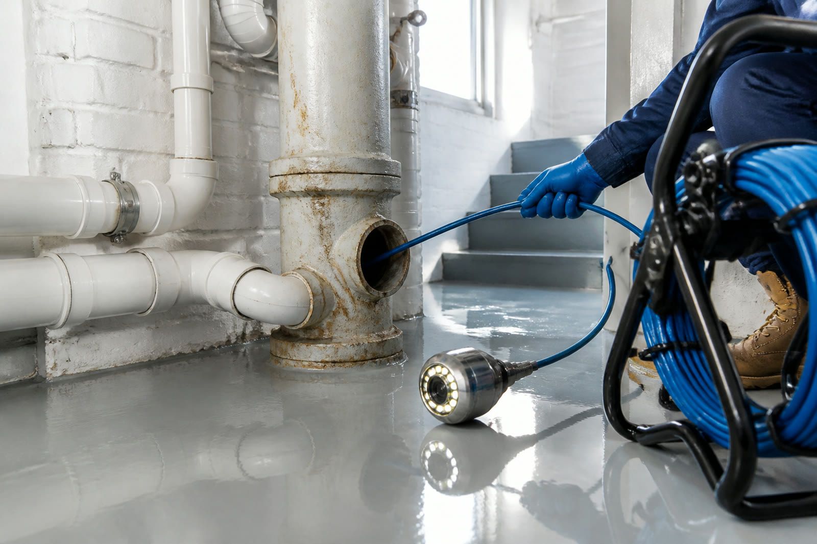 Sewer camera and cable staged near converging cellar drain lines
