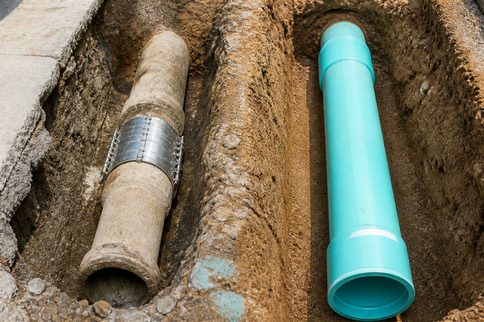 Repair coupling and replacement pipe in a controlled daylight excavation