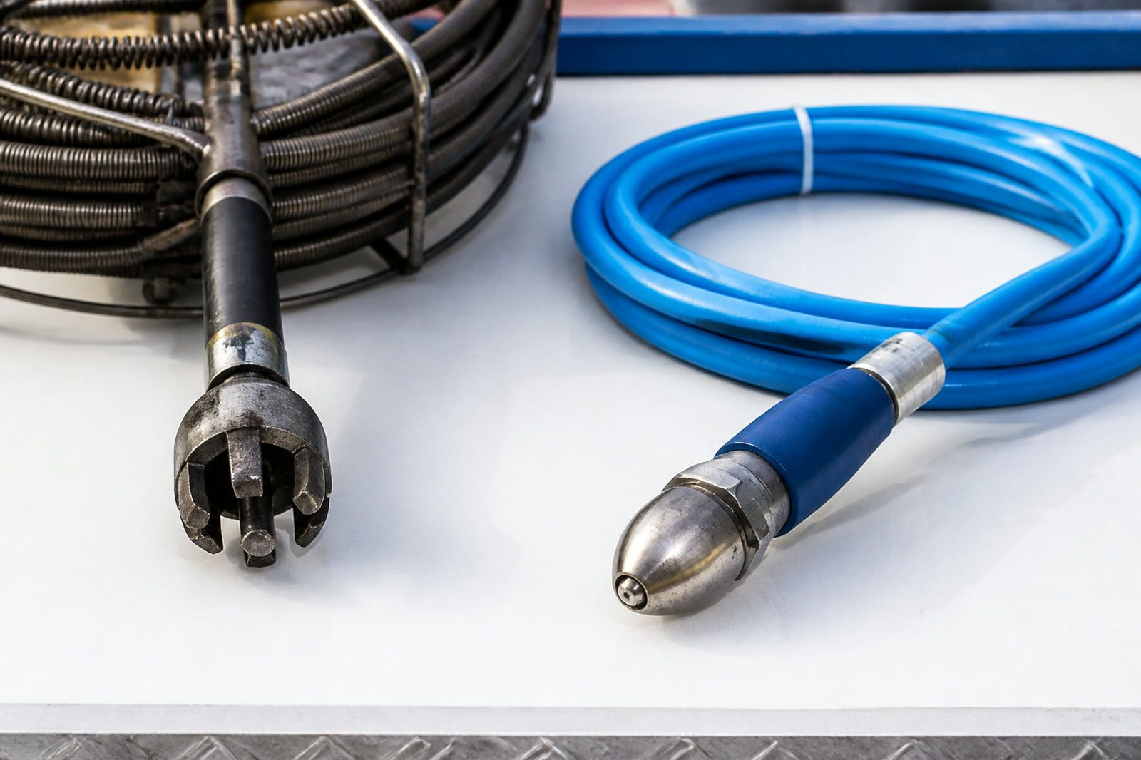 Drain cable head and hydro-jet nozzle arranged side by side