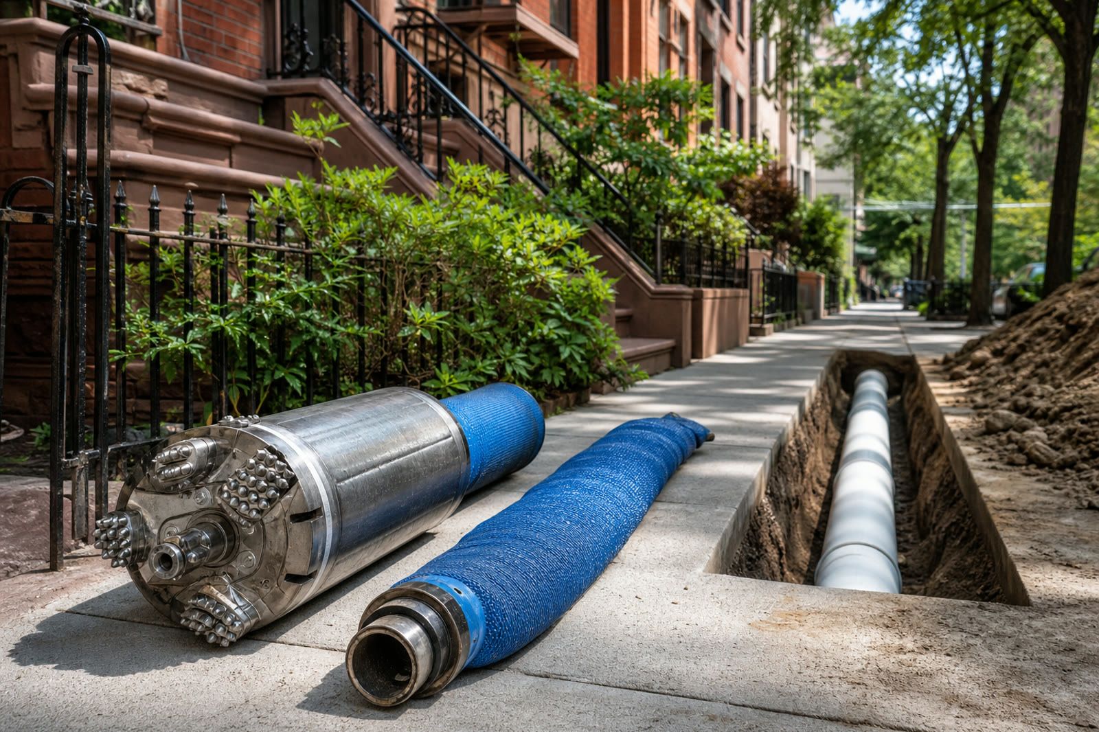 Trenchless equipment beside a small controlled pipe excavation