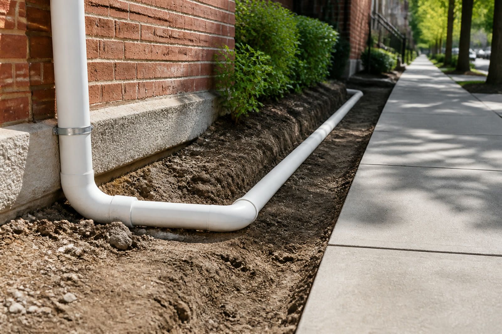 Clean pipe route extending from a rowhouse foundation toward the sidewalk