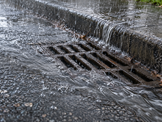 Rain at a street drain.
