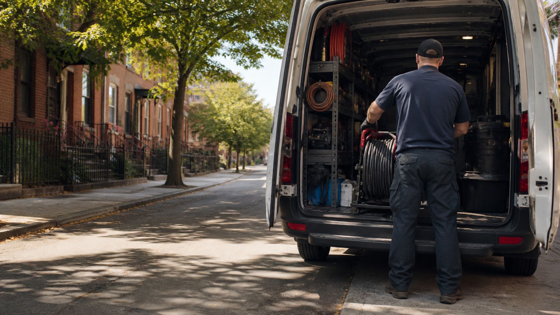 Anonymous owner-operator seen from behind organizing an unbranded service van