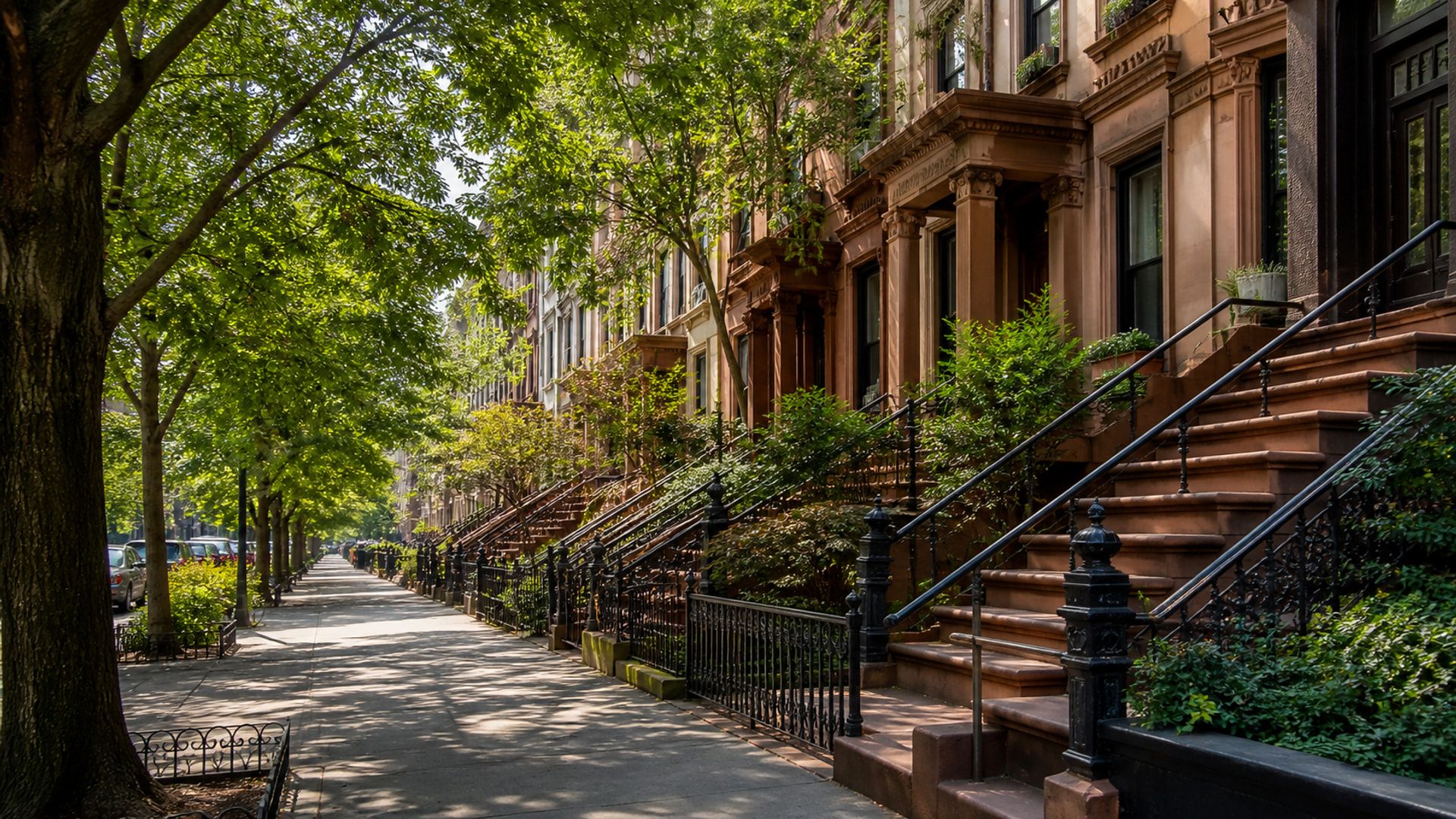 Tree-lined Bedford-Stuyvesant block with deep brownstone stoops