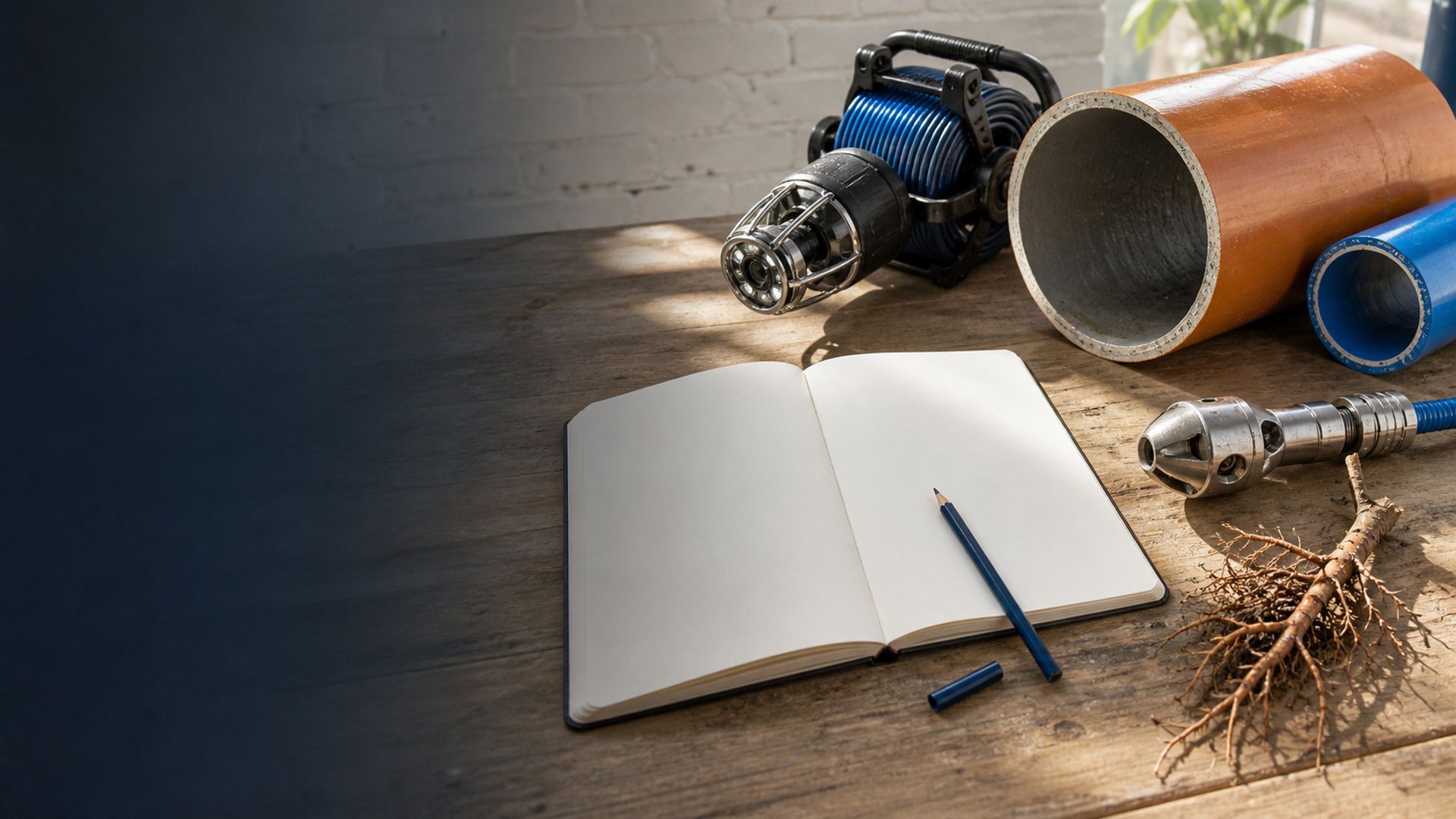 Pipe samples, sewer inspection tools, roots, and a blank notebook on a workbench
