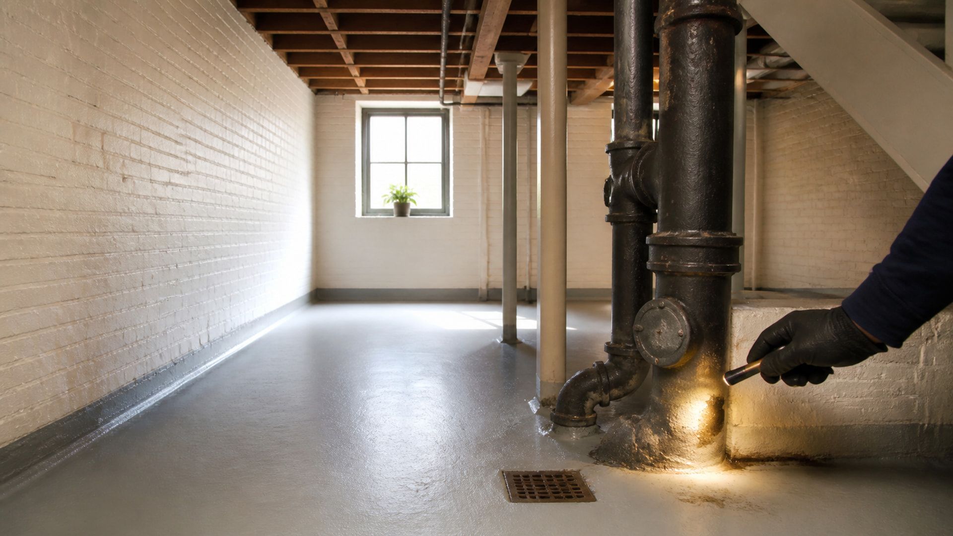 Older cast-iron stack and floor drain in a bright brownstone cellar