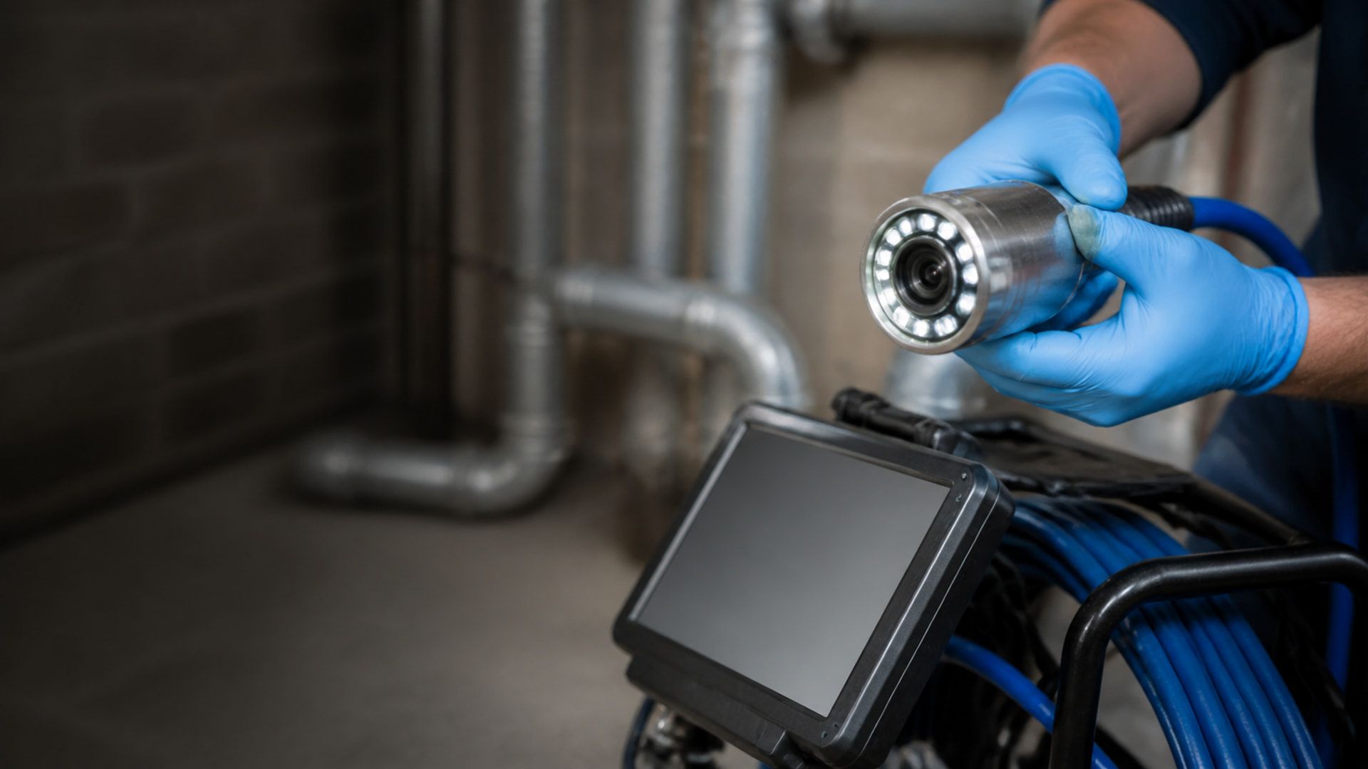 Gloved hands hold a sewer inspection camera beside a blank monitor