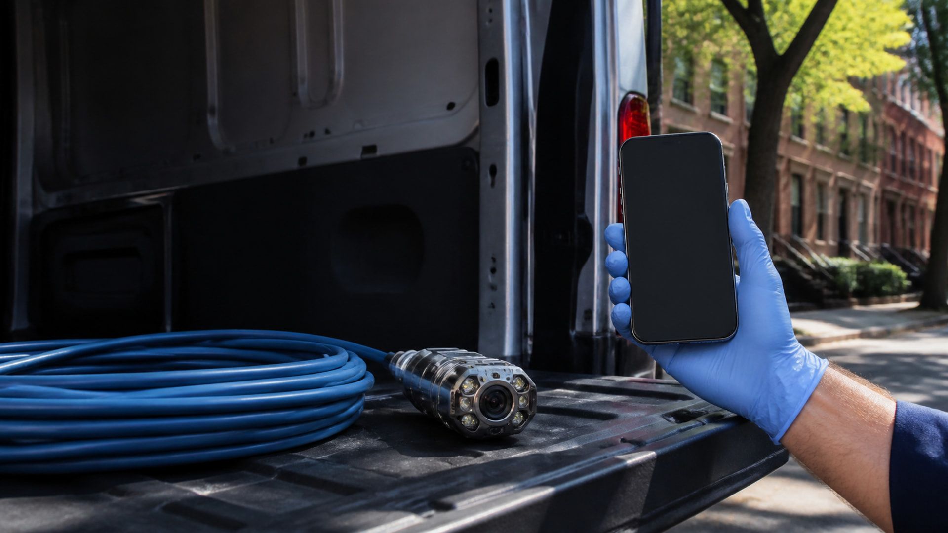 Gloved hand holds a blank phone beside a sewer camera on a service-van tailgate