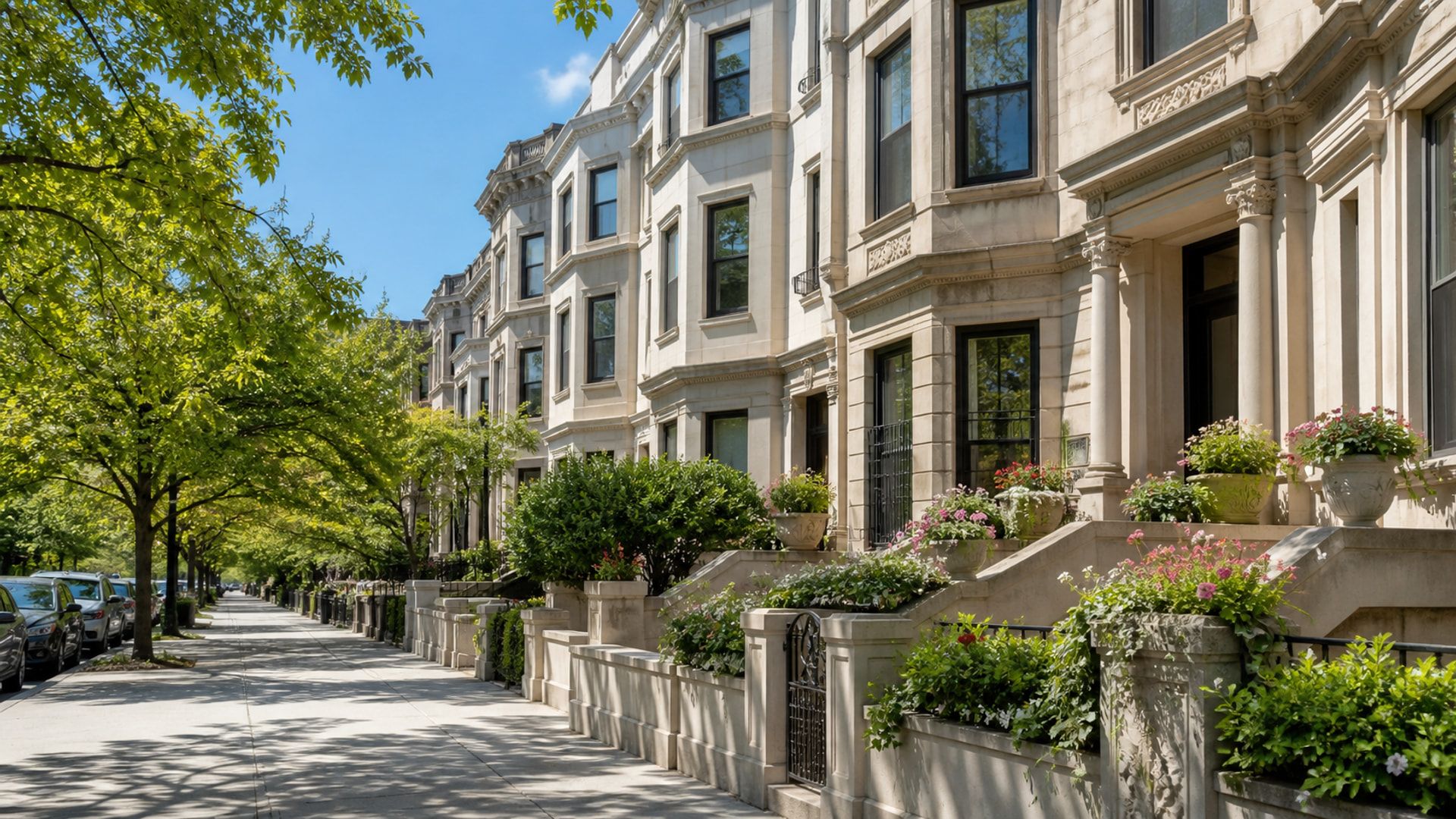 Sunny Crown Heights block with pale limestone row houses and planters