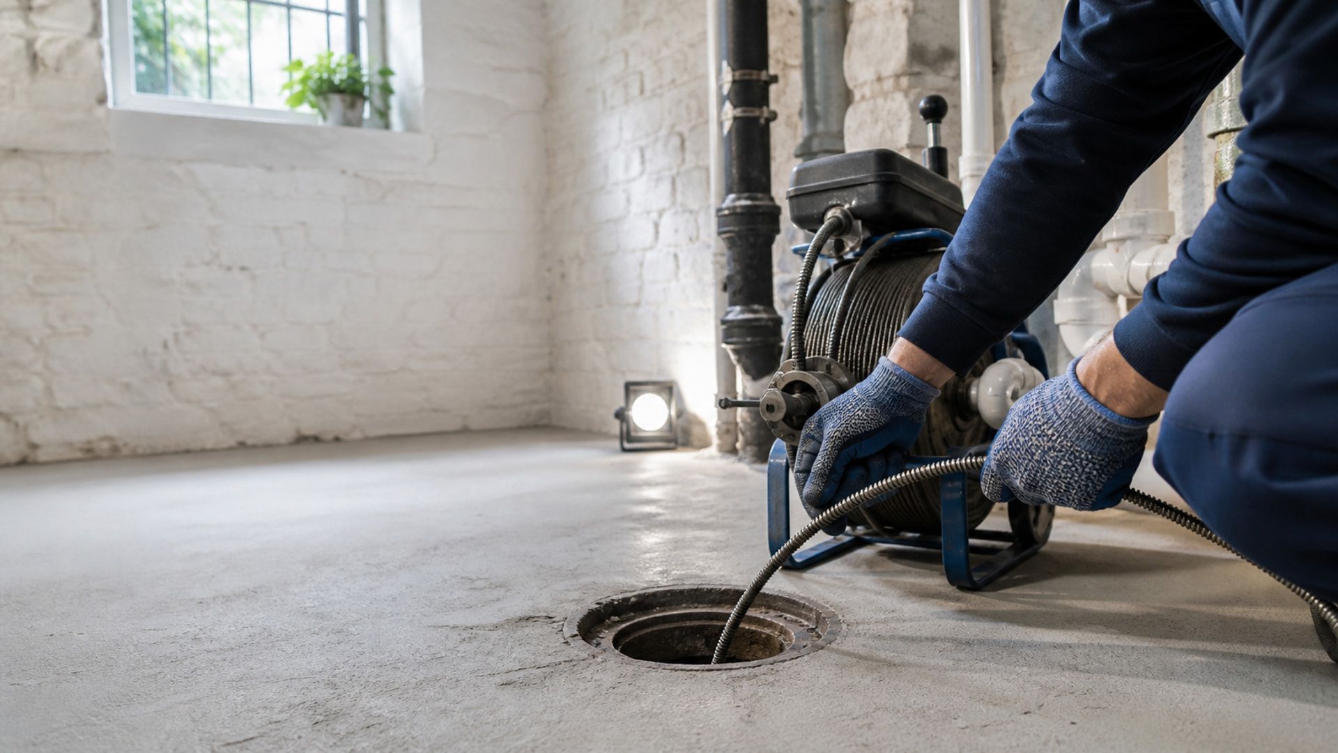 Gloved hands guide a drain cable into a clean cellar floor access point