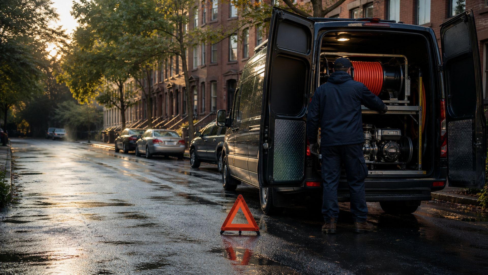 Anonymous technician organizing equipment in an unbranded service van after rain