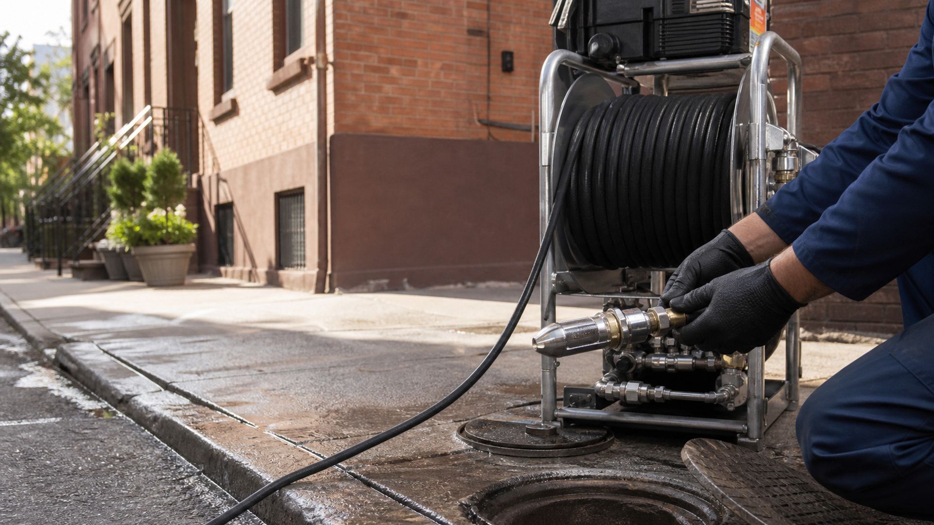 Hydro-jet hose reel and metal nozzle staged beside a Brooklyn rowhouse