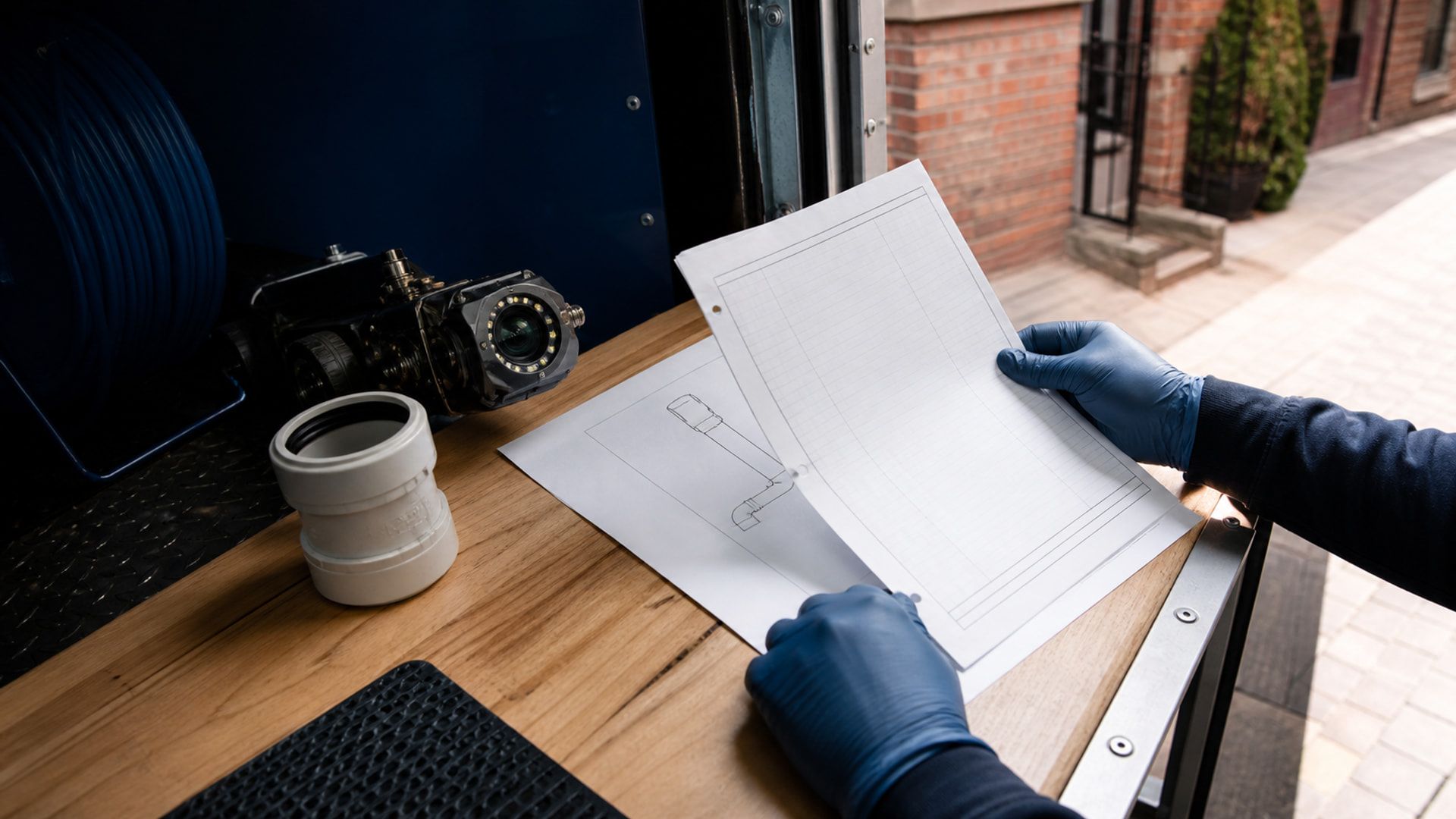 Gloved hands review a blank scope sheet beside sewer inspection equipment