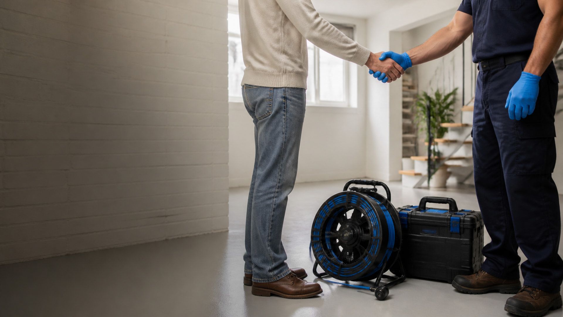 Anonymous homeowner and technician shake hands beside packed inspection equipment