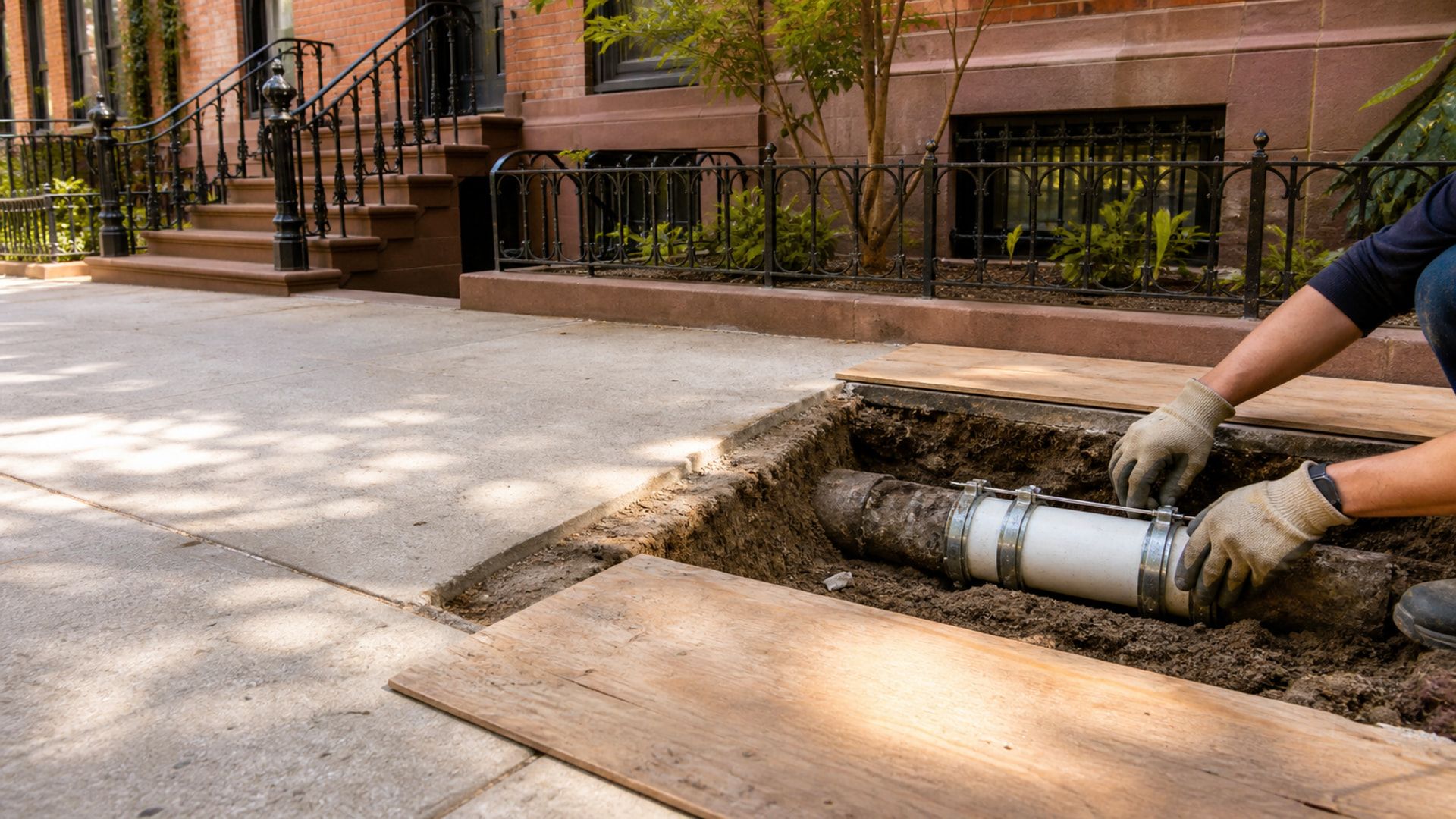 Controlled sidewalk excavation exposing a sewer pipe repair coupling