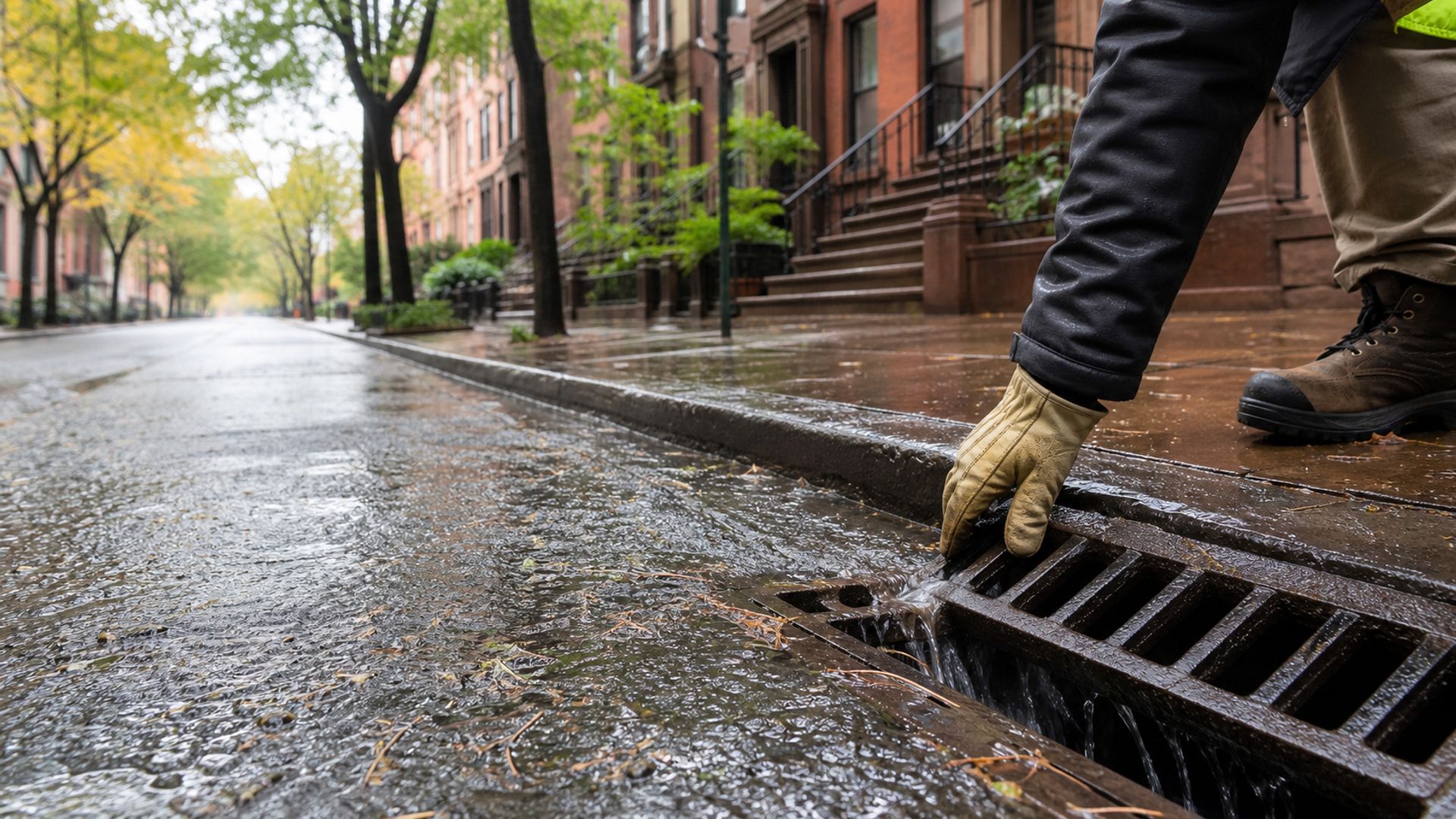 Gloved hand checking a Brooklyn curb drain after a rain shower