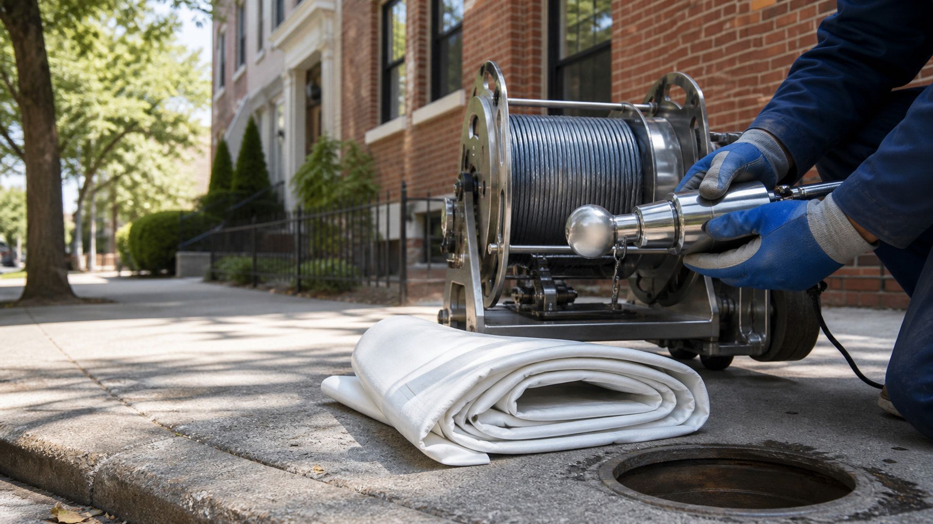 Trenchless liner and pulling equipment staged beside a small pipe access