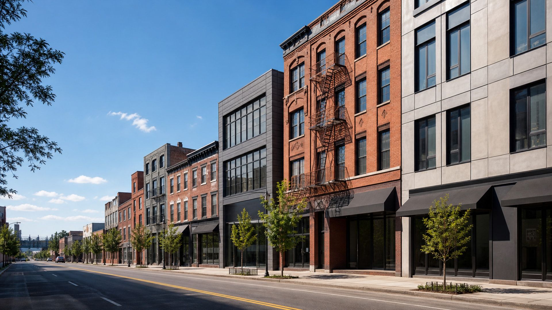 Williamsburg block mixing brick walk-ups and contemporary residential buildings