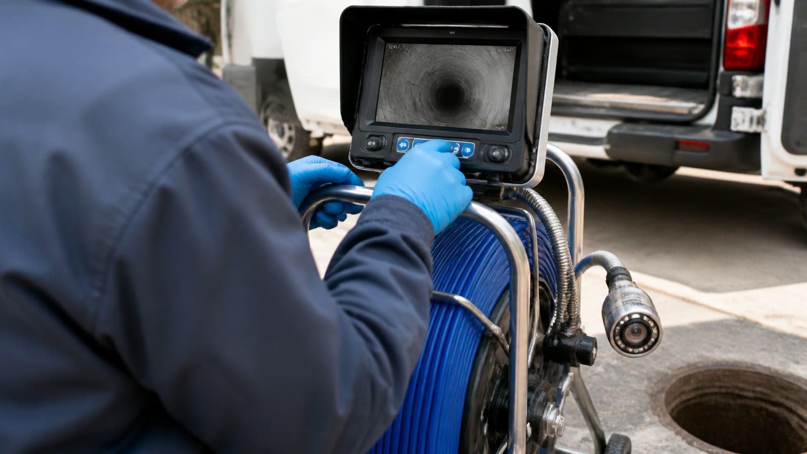 Anonymous tradesperson working with sewer inspection equipment