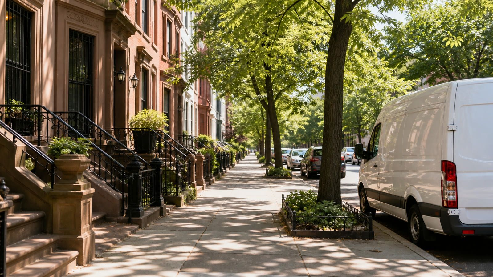 Bright tree-lined Brooklyn brownstone street