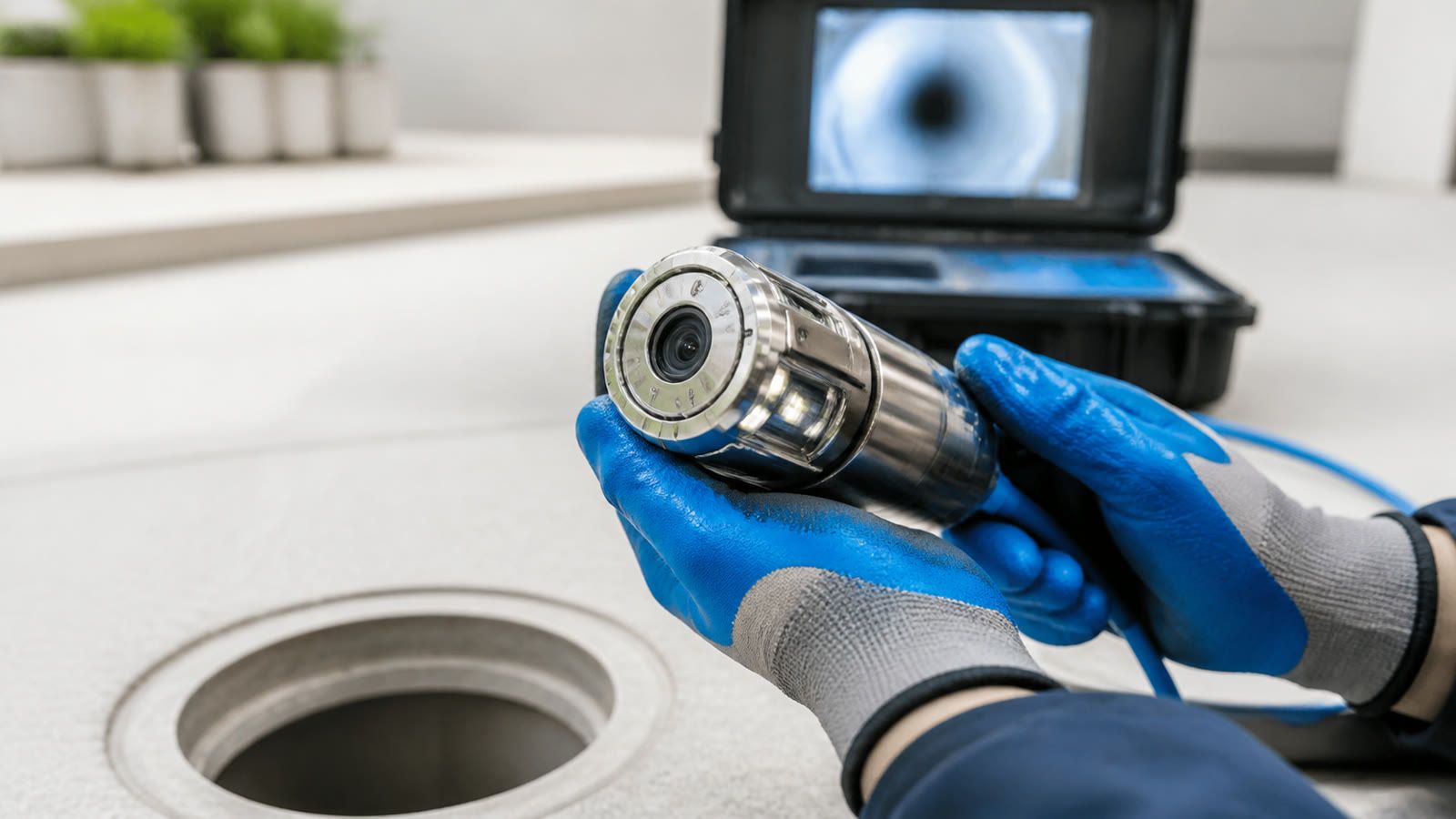 Gloved hands holding a sewer inspection camera head